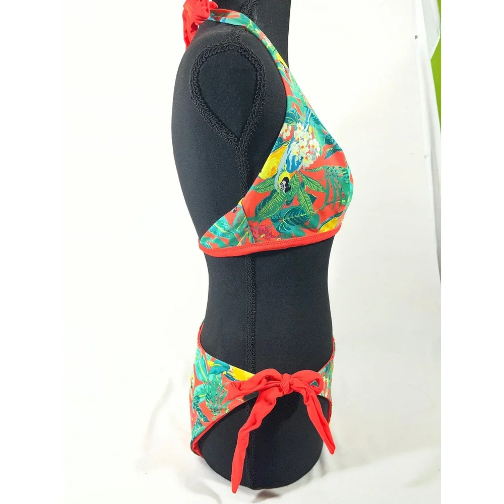 Women‎ Tropical Parrot Print Halter Bikini S Orange Side Tie 2 Piece Reversible